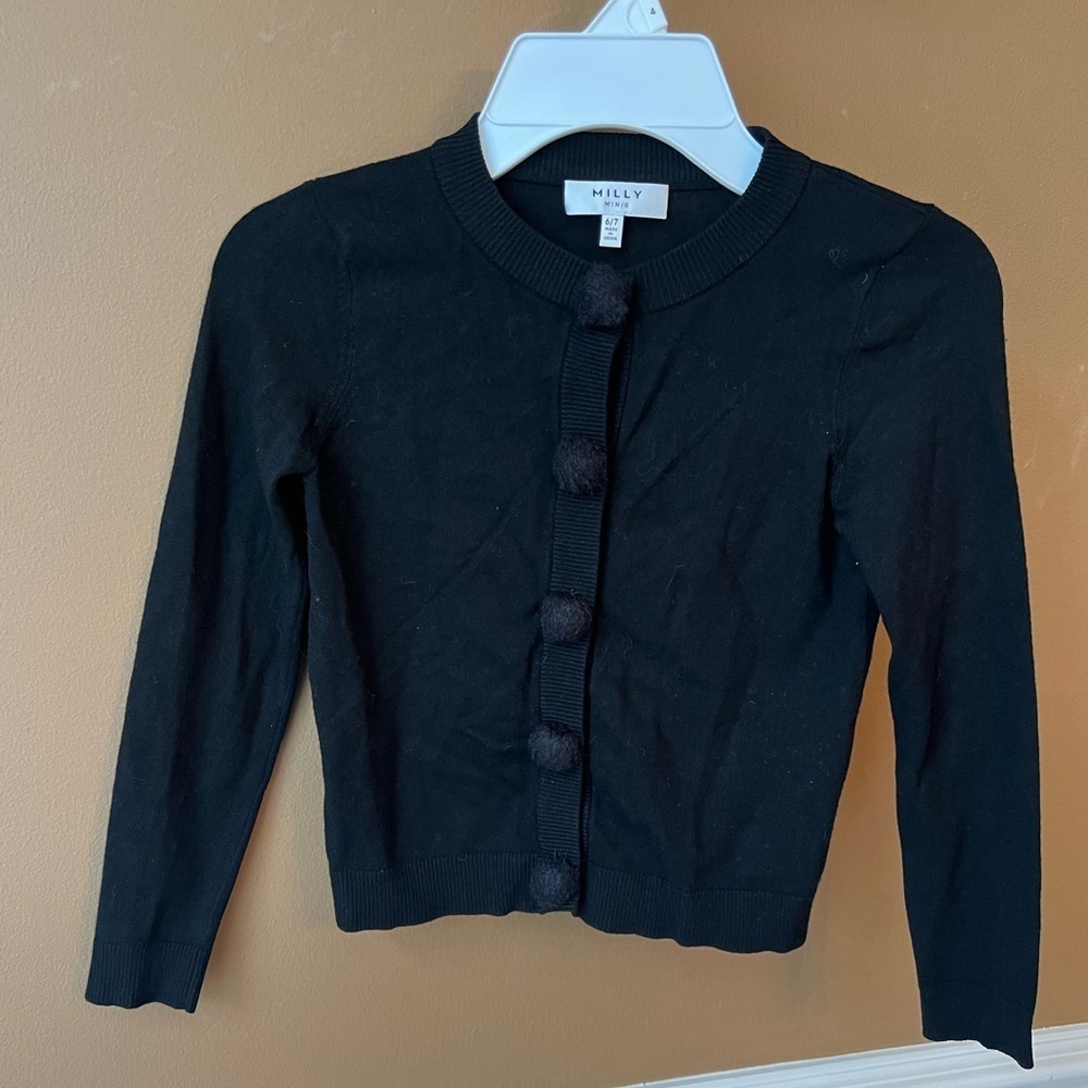 Milly Minis Elegant Girls Black Cardigan with Faux Fur Buttons Size 6/7